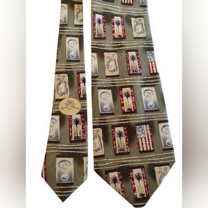 Tommy Bahama 100% SILK tie. Tropical scenery. Greens, tan, blue, maroon.